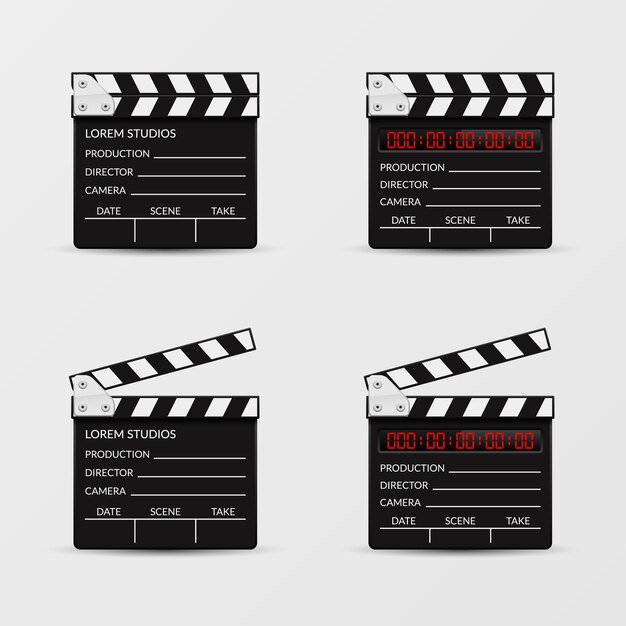 Movie clapperboard vector set. Clapperboard film, video clapboard, clapper board, movie cinematography illustration