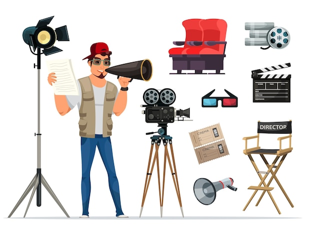 Movie Director And Cinematography Equipment Set Man Holding Script Sheets Talking To Megaphone Lights Armchair Stool Tickets Camera Film Bobbin Glasses Clapper Board