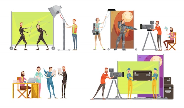 Free vector movie making concept with director actors at film set cameraman and sound engineer lighting isolated vector illustration