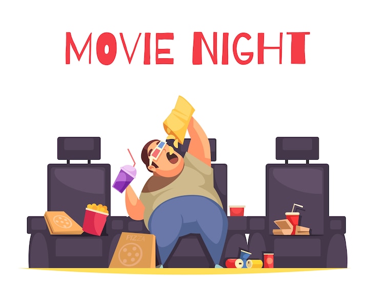 Free Vector movie night concept with gluttony and overeating symbols flat