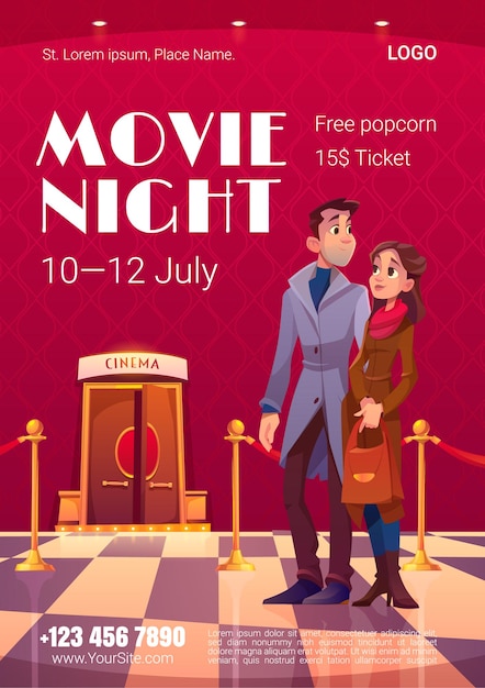 Movie Night Poster In Cinema Hall With Open Doors And Red Rope Fence
