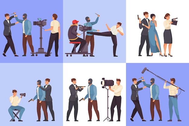 Free vector movie production six flat square compositions of filmmaking with filmmaker actors doubler characters illustration