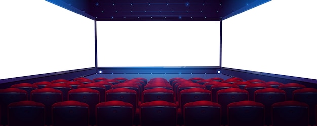Movie theater, cinema hall with white screen and rows of red seats rear view.