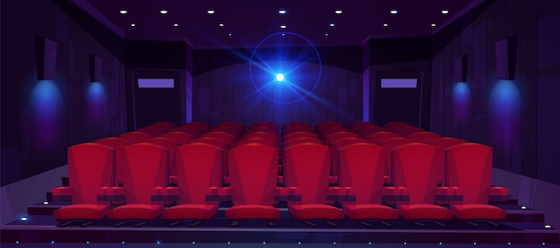 Sala cinema con file di sedili per il pubblico e proiettore cinematografico