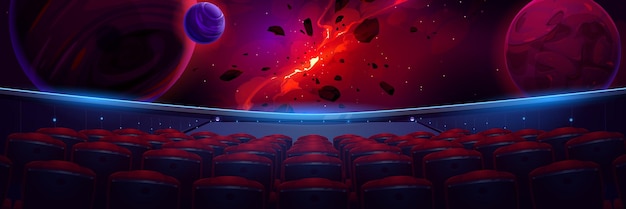 Free vector movie theater with panoramic screen with galaxy