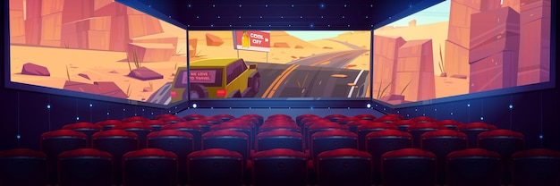 Movie theater with three-sided panoramic screen and rows of red seats