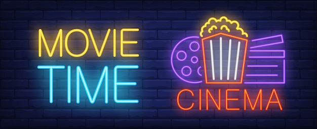 Free vector movie time neon sign. popcorn bucket, clapperboard and film reel on poster.