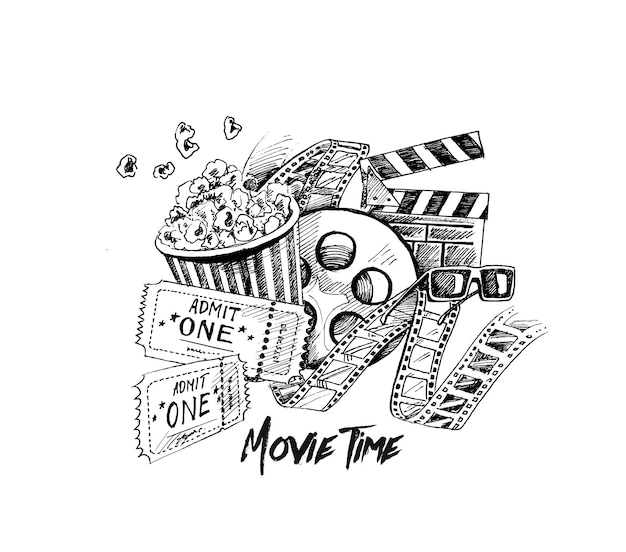 Free vector movie time poster hand drawn sketch vector illustration