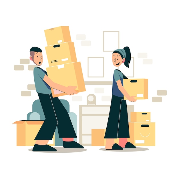 Free vector moving concept with couple move to the new house or office work