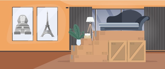Moving home banner. moving to a new place. wooden boxes, cardboard boxes, sofa, houseplant, floor lamp. vector.