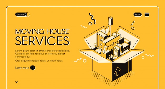 Free vector moving house services web banner with home furniture in cardboard box