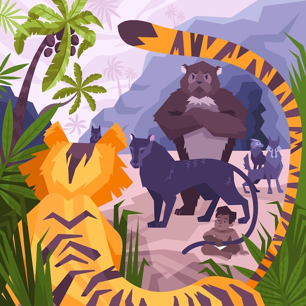 어린 소년 벡터 삽화가 있는 이국적인 식물과 동물이 있는 열대 풍경이 있는 모글리 색칠 페이지 평면 구성