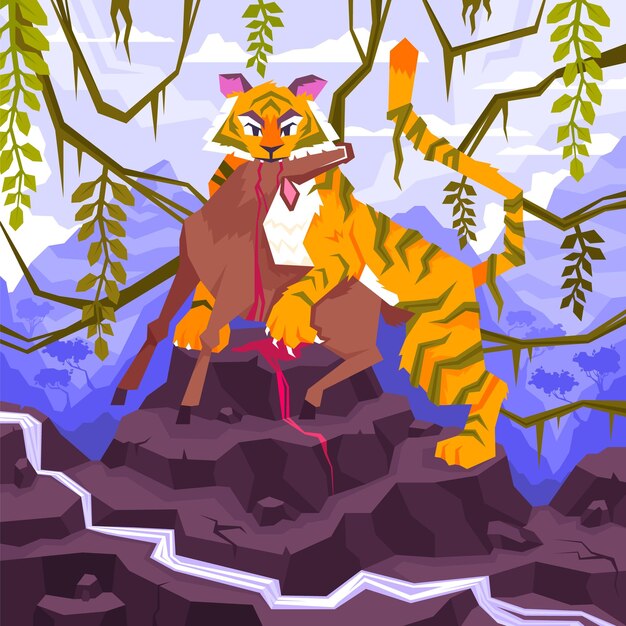 산 절벽 덩굴식물과 영양 벡터 삽화를 먹는 호랑이가 있는 열대 풍경이 있는 모글리 색칠 페이지 평면 구성