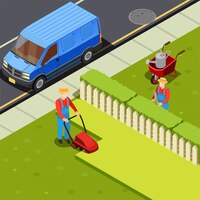 Free vector mowing lawn isometric composition
