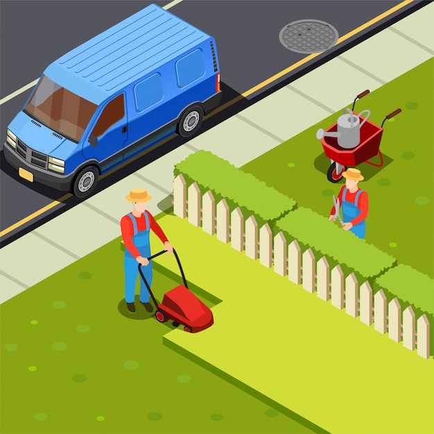 Mowing Lawn Isometric Composition