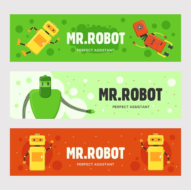 미스터 로봇 배너 세트. 휴머노이드, 사이보그, 스마트 머신 벡터 일러스트는 녹색과 빨간색 배경에 텍스트가 있습니다. 전단지 및 브로셔 디자인을위한 로봇 공학 개념