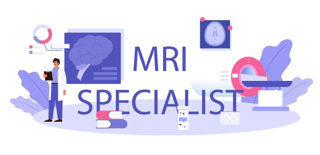 MRI specialist typographic header Doctor examing Xray image of human body with computed tomography and ultrasound Idea of health care and disease diagnosis Flat vector illustration