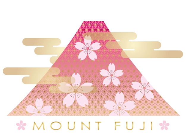гора Фудзи в весенний сезон украшена винтажными японскими узорами. Векторная иллюстрация.