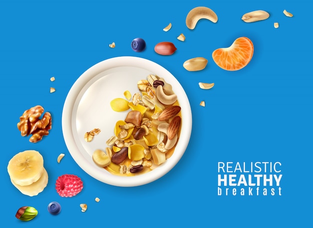 Muesli healthy breakfast plate top view realistic composition with banana mandarin nuts berries color