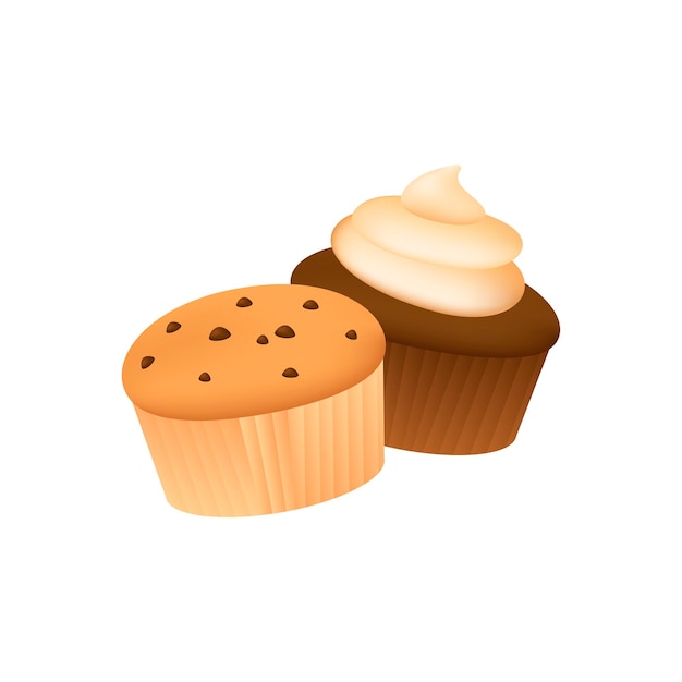 초콜릿과 크림 3D 삽화가 포함된 머핀과 컵케이크. 흰색 배경에 3D 스타일로 맛있는 간식을 그린 만화. 베이커리 또는 제과, 음식, 디저트 컨셉