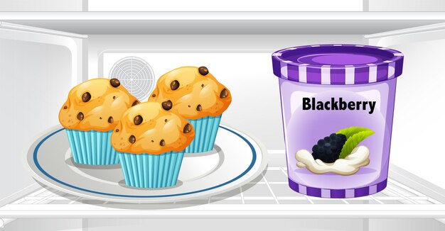 Muffins and blackberry yogurt in the fridge