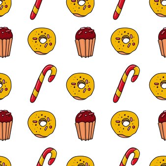 Muffins candy canes doughnuts doodle cartoon style seamless pattern vector for paper wallpaper