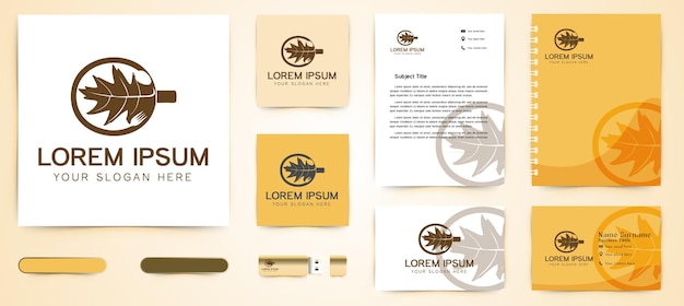 Кружка, лист, ложка и вилка логотип и шаблон брендинга визитной карточки designs inspiration, vector illustration