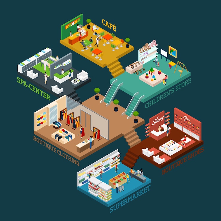Free Vector multi storied shopping mall isometric icon