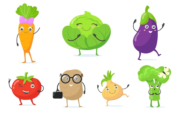 Multicolor cute vegetable mascots flat icon set