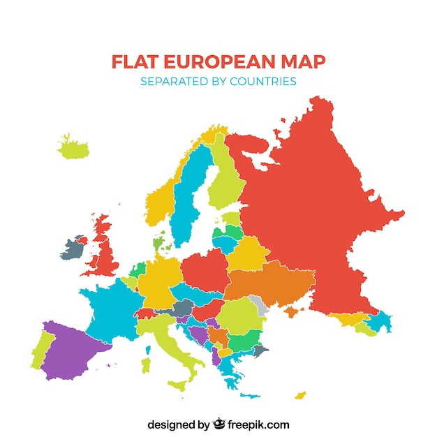 국가별로 구분 된 여러 가지 빛깔의 평면 유럽지도