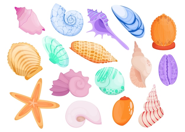 Free vector multicolor hand drawn seashell flat item set