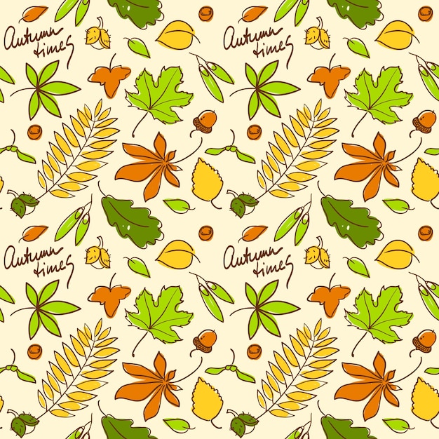 Multicolored autumn seamless background pattern with nuts and leaves of different trees 