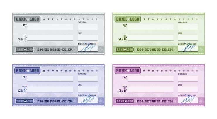 Free Vector multicolored blank bank check with handwritten signature realistic set isolated at white background vector illustration