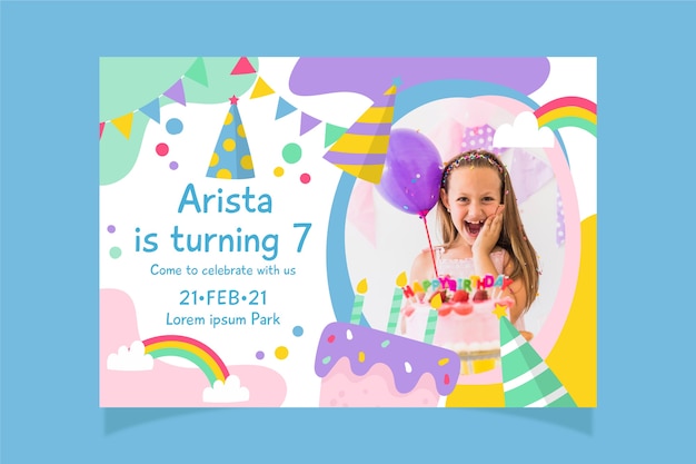 Free vector multicolored children's birthday invitation template with photo