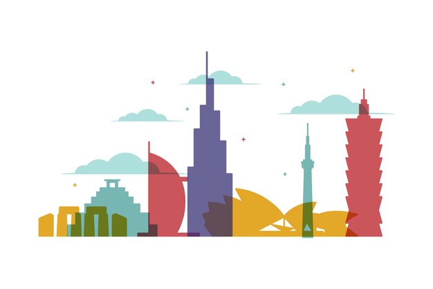 Multicolored landmarks skyline