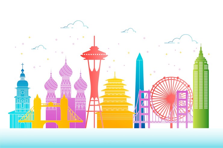 無料Vector 色とりどりのランドマークスカイライン