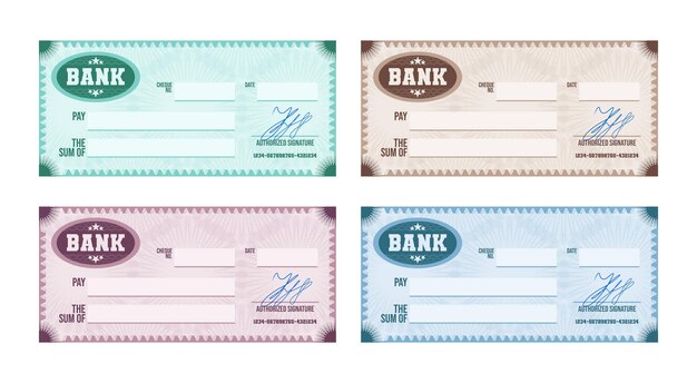 Free vector multicolored signed blank bank check with guilloche pattern and watermarks realistic set isolated at white background vector illustration