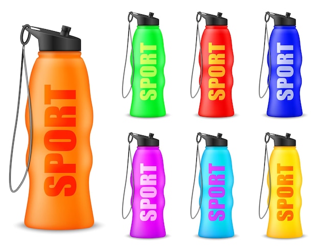 Free vector multicolored sport flasks for water with carry strap realistic set isolated vector illustration