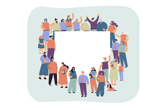 Multicultural crowd of people standing around blank banner flat illustration.
