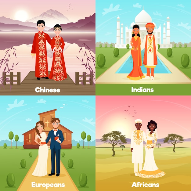 多文化の結婚式のカップルデザインコンセプト