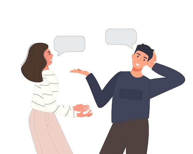 Multiethnic people talking or discuss social network. Two friend men and women speaking couples with speech bubbles. Character dialogue concept.