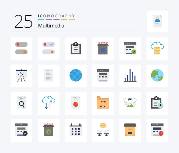 Free vector multimedia 25 flat color icon pack including strategy board setup hosting backup