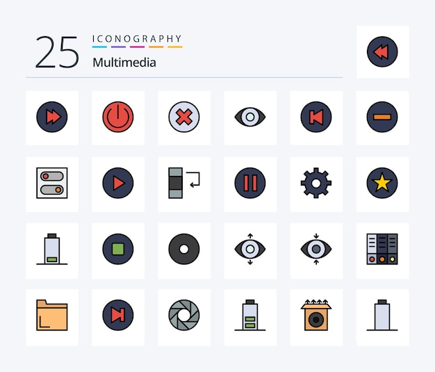 Multimedia 25 line filled icon pack including remove minus degrees delete multimedia