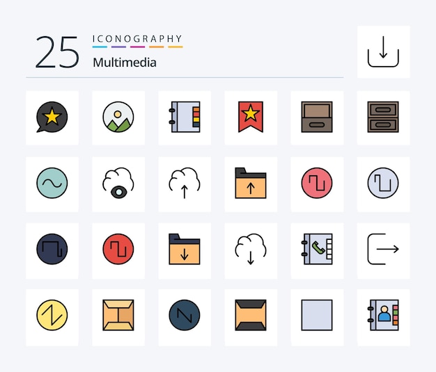 Free vector multimedia 25 line filled icon pack including sine cabinet contacts archive favorite