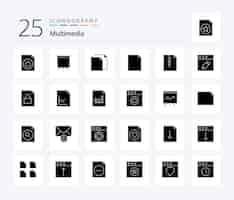 Free vector multimedia 25 solid glyph icon pack including edit zip duplicate document page