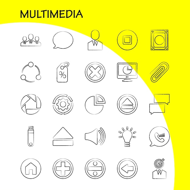 Бесплатное векторное изображение Мультимедийная ручная икона для веб-печати и мобильного набора uxui, такого как уведомление о сообщении в чате.