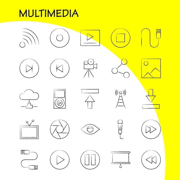 Free vector multimedia hand drawn icon for web print and mobile uxui kit such as microphone mike music audio fast forward move play pictogram pack vector