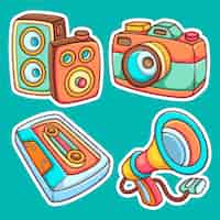 Free vector multimedia sticker icons hand drawn coloring vector