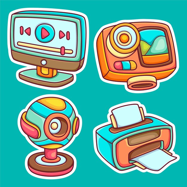 Multimedia Sticker Icons Hand Drawn Coloring Vector