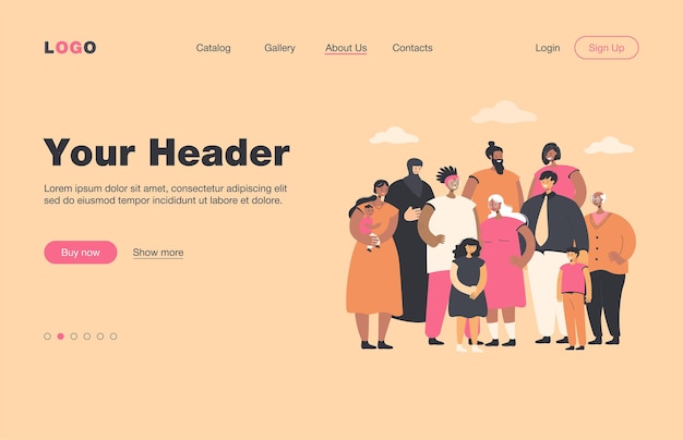 Free vector multinational crowd of people standing together flat  landing page. portrait of cartoon diverse young and old men, women and kids. multicultural society and community concept